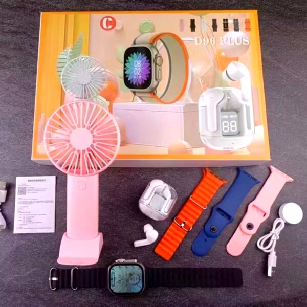 D96 Plus Ultra Smart Watch with Mini Fan & Earbud Combo-Pink