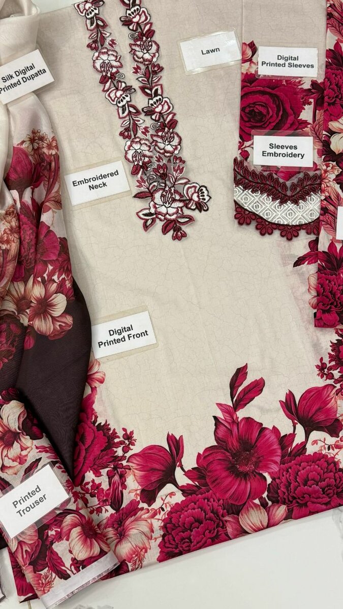Digital printed lawn &silk  3 pc, dc free