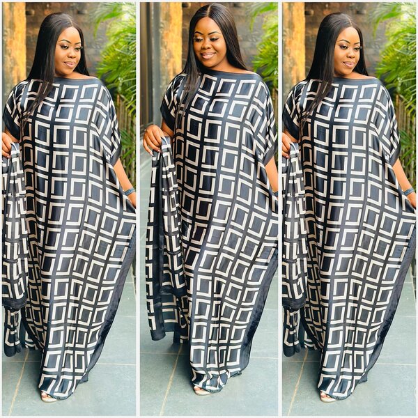 Tunic dress, maxi, black with white print