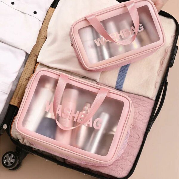 Lot de 3 sacs étanches de rangements composés de trousse de toilette de cosmétique, rose