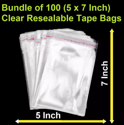 Pack / Bundle Of 100 (5 x 7 Inch) Resealable Cellophane/ BOPP/ Poly Transparent Plastic Bags