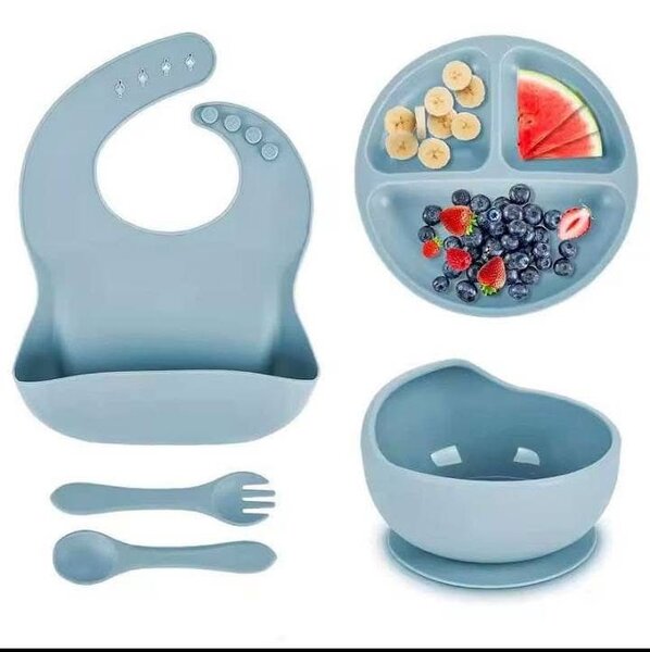 Ensemble assiette et bol en ventouse, bavoir en silicone  ,