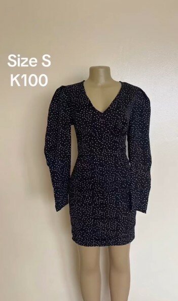 Long sleeve dress, black with small white polka dots