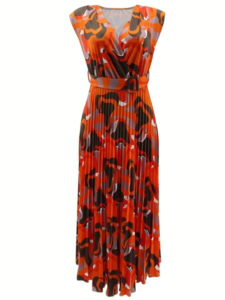Robe plissée à taille haute pour femme, avec col en V, impri