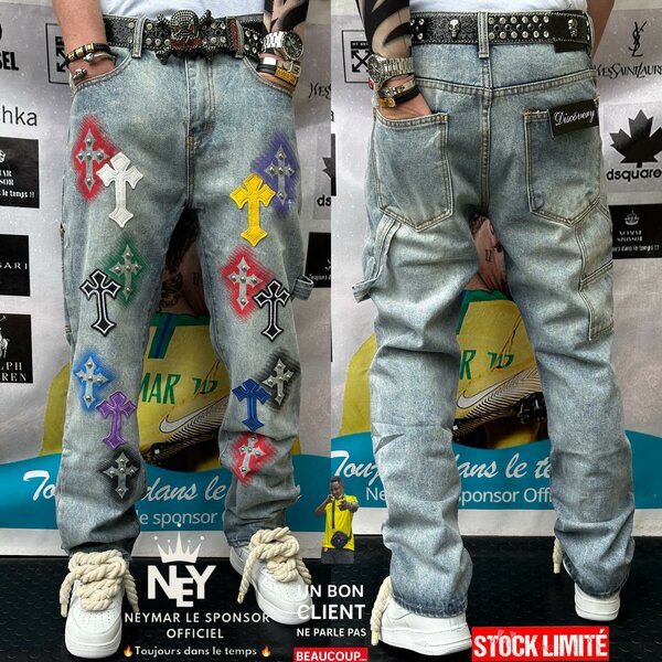 Jean style biker avec croix