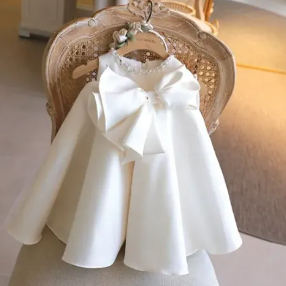 Girls Princess Dress Birthday Party Wedding Kids Girls Pearl Dresses Toddler Gowns White Ball Gown ( Fabric Silk) ( Size 03 Month To 3 Yrs)