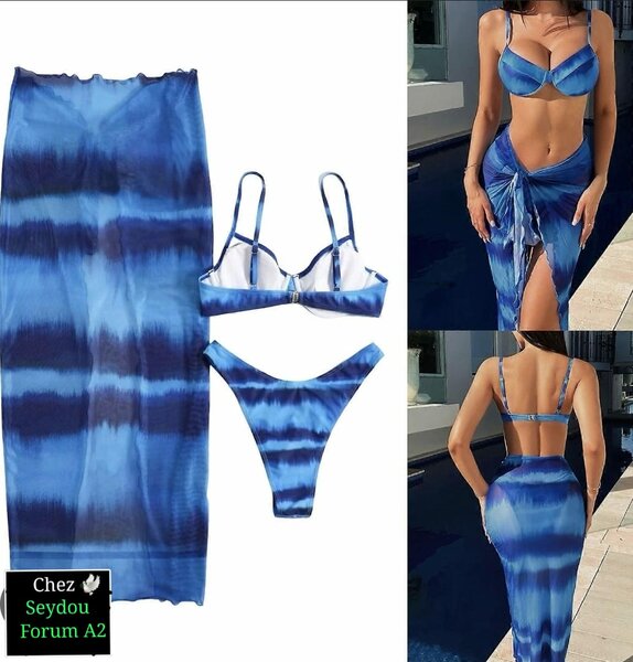 Bikini et jupe bleus tie-dye