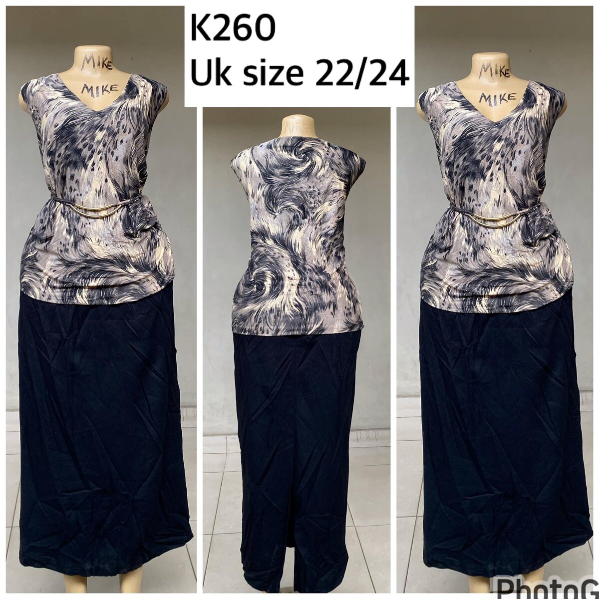 patterned blouse and black skirt