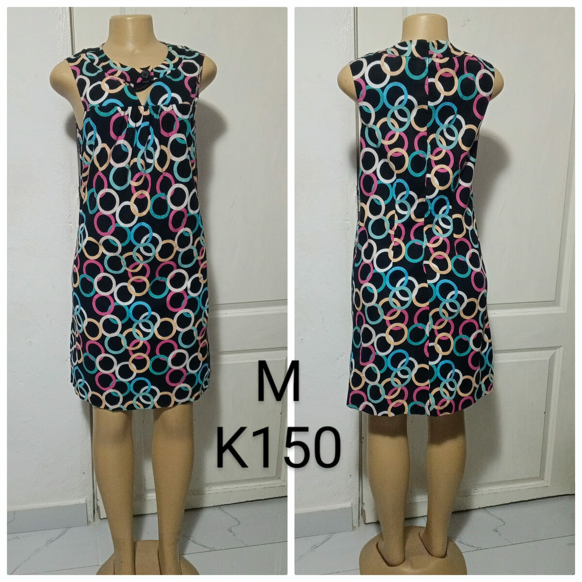 Women's knee-length sundress, black with multicolored print, size M