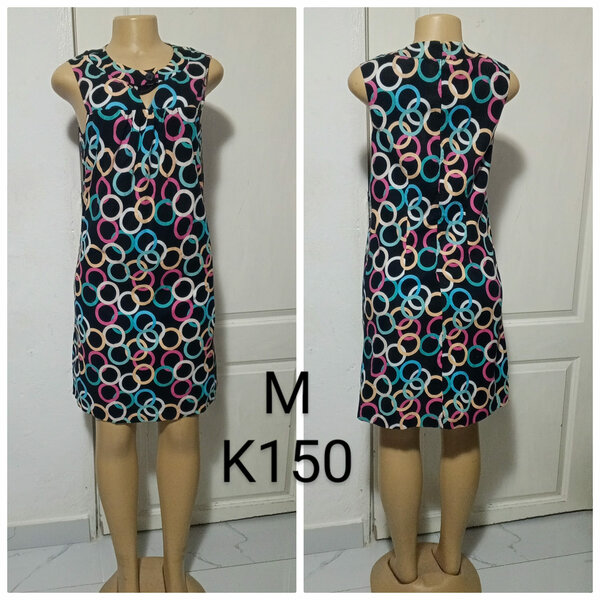 Women's knee-length sundress, black with multicolored print, size M