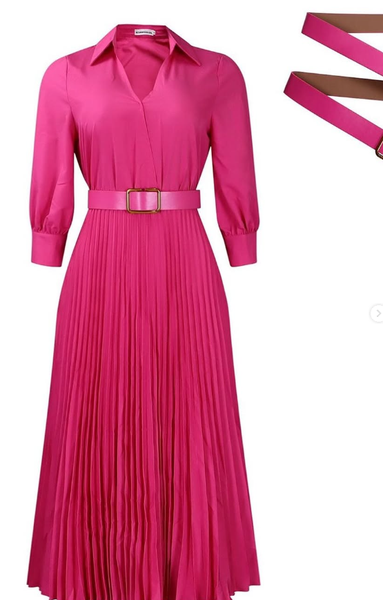 A bright pink women's dress with pleating and a belt.