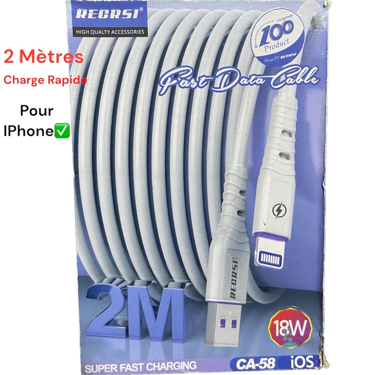Câble USB iPhone 2M Charge Rapide