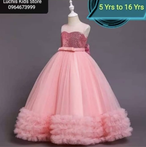 Elegant, lush, long, pink dress with bow belt for 5-16 y.o girls