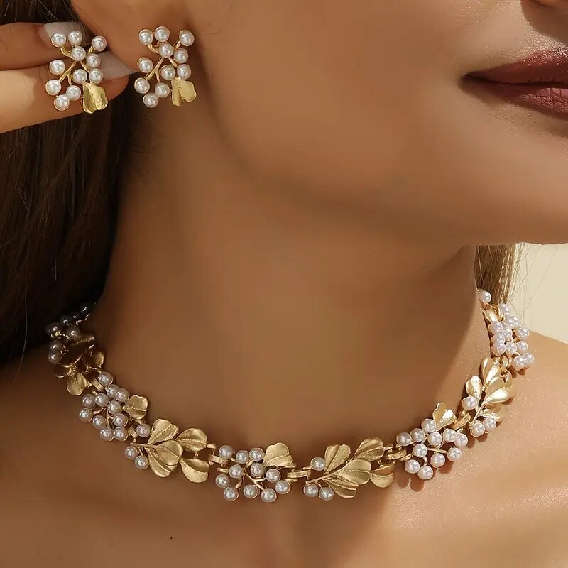Faux Pearl & Golden neckline with stud