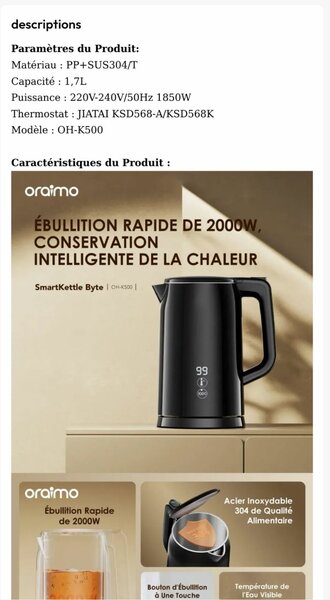 Bouilloire Électrique 1.7L Oraimo