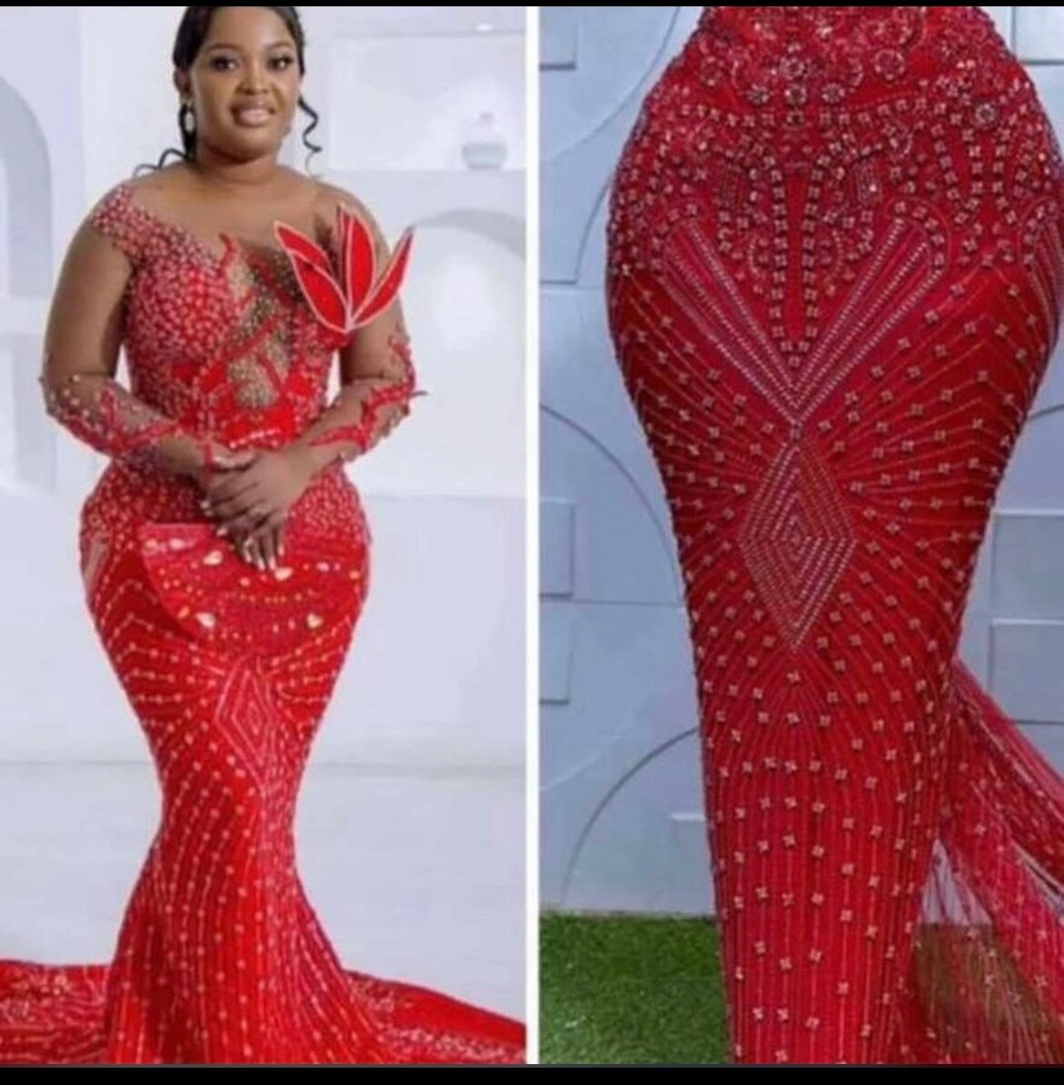 Luxury beaded lace comes in red / gold .