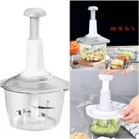 2L (2liter) Chopper Multifunction Hand Blender Hand Pat Manual Food Chopper Mixer Grinder Kitchen High Capacity With 3 Curved Stainless Steel Blades Food Processor Mixer Juicer Quick Cook Tool Press Type to Chop Fruits Onions/Nuts/Ginger/Herbs/Garlics