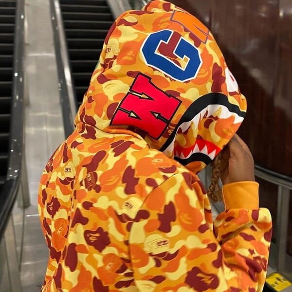 Bright hoodie with camouflage print, applique and shark-style hood, Unisex