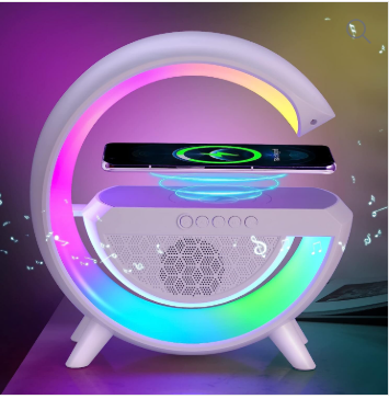Desktop Atmosphere Night Light G Shape Bluetooth Speaker Wireless Charger FM Radio Stereo Surround Music Box – White