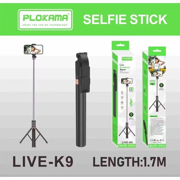PLOKAMA K9 Bluetooth Selfie Stick & Tripod - 3-in-1 (1.7M He
