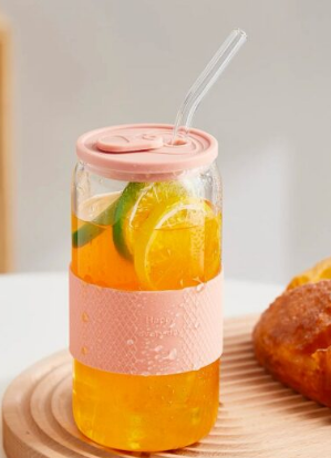 Silicone Lid and Sleeve Borosilicate Glass Beer Can Tumbler with Straw 