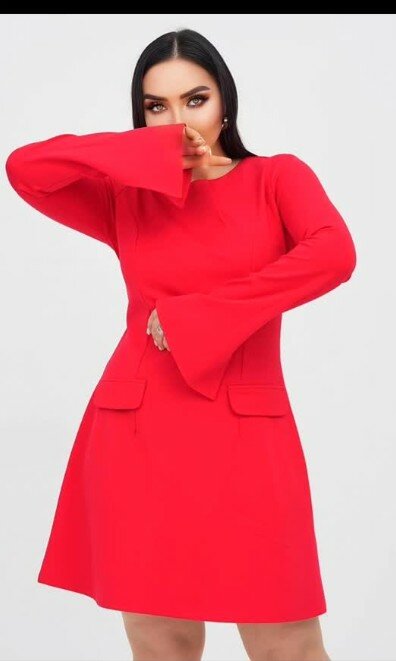 Платье мини красное, длинный рукав