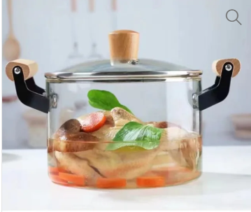 Transparent high borosilicate Thickened heat resistant soup glass cooking pot with wood handle and cover