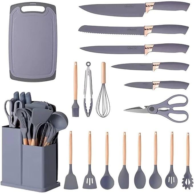 Silicone Cookware Set With Chopping Board - Grey