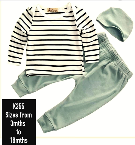green trousers, beanie and striped longsleeve