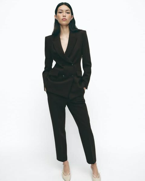 Zara Double Breasted Blazer with Elbow Patches & High-waist slim fit trouser in color brown. 