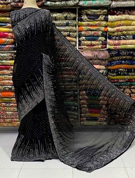 Beautiful Stitched  Net Saari with pearls Work