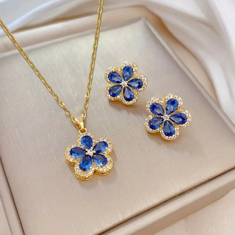 BLUE Minimalistic Plum Blossom Set with earings
