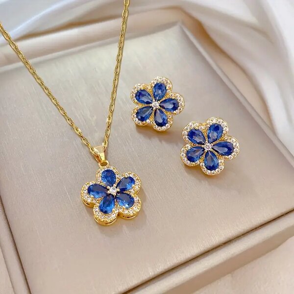 BLUE Minimalistic Plum Blossom Set with earings