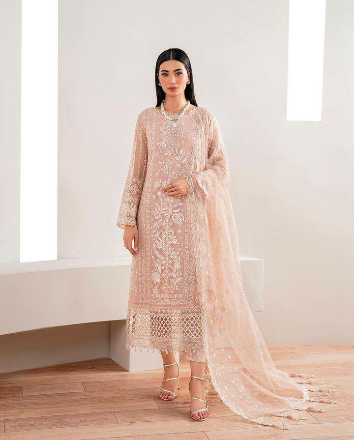 Chiffon heavy embroidery unsatich 3 pc Dc free