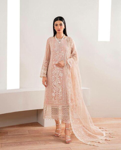 Chiffon heavy embroidery unsatich 3 pc Dc free