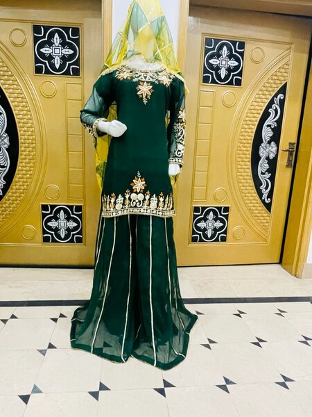 short shirt gota work with shafoon sharara 3pc