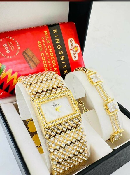 Ladies Golden Quality Watch and Bracelet+ Chocolate