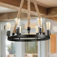 6 – Light Candle Style Wheel Chandelier with Rope Accent