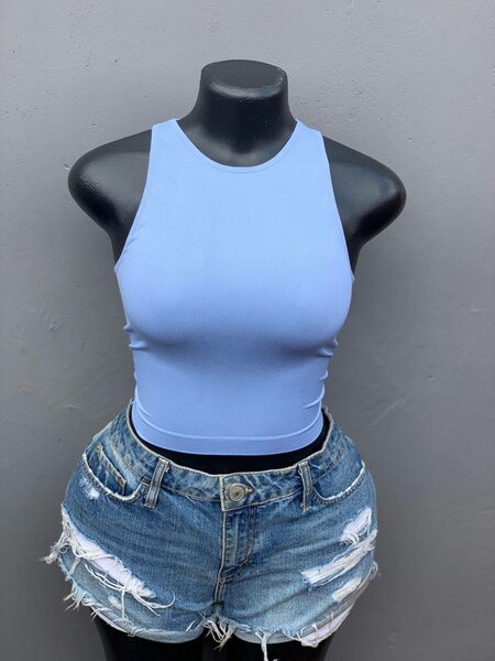 Top court bleu femme