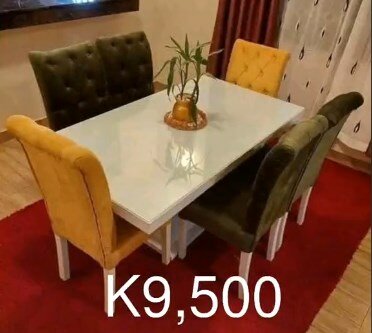 Set: white table, 2 soft yellow chairs + 2 green