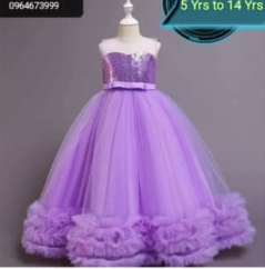Elegant, lush, long, purple dress with bow belt for 5-14 y.o girls