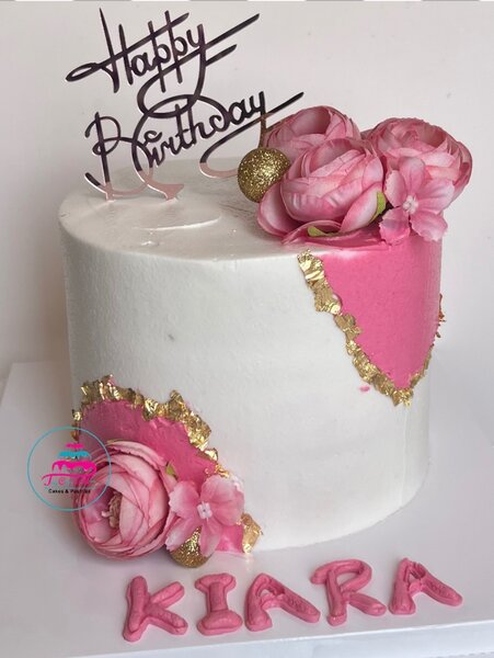 Pink and white birthday cake