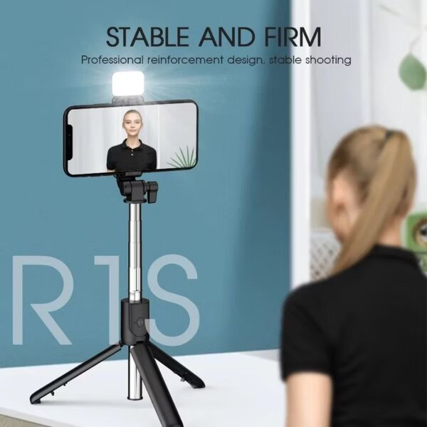 R1S Selfie Stick with Bluetooth Remote & LED Light - Perfect