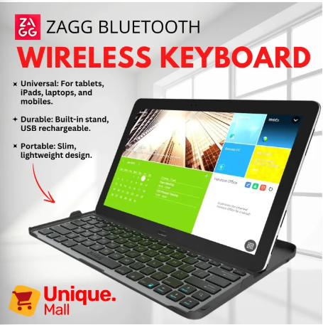 ZAGG Slim Universal 12.2" Wireless BT Keyboard USB Rechargeable, Bluetooth, for Tablets, iPads, Laptops & Mobiles - Durable with Built-In Stand – Multiple universal Device Support