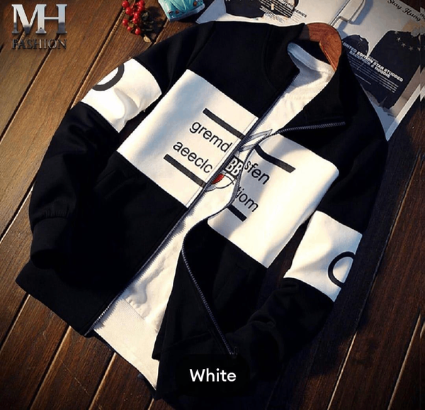 Men's Zipper Fleece Jacket Black and white printed style