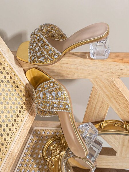 Toe crystal heels glass rhinestone decorated chain