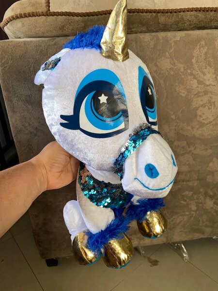 Classic Toy Unicorn Gold Horn Plush Blue Silver Sparkly Ears
