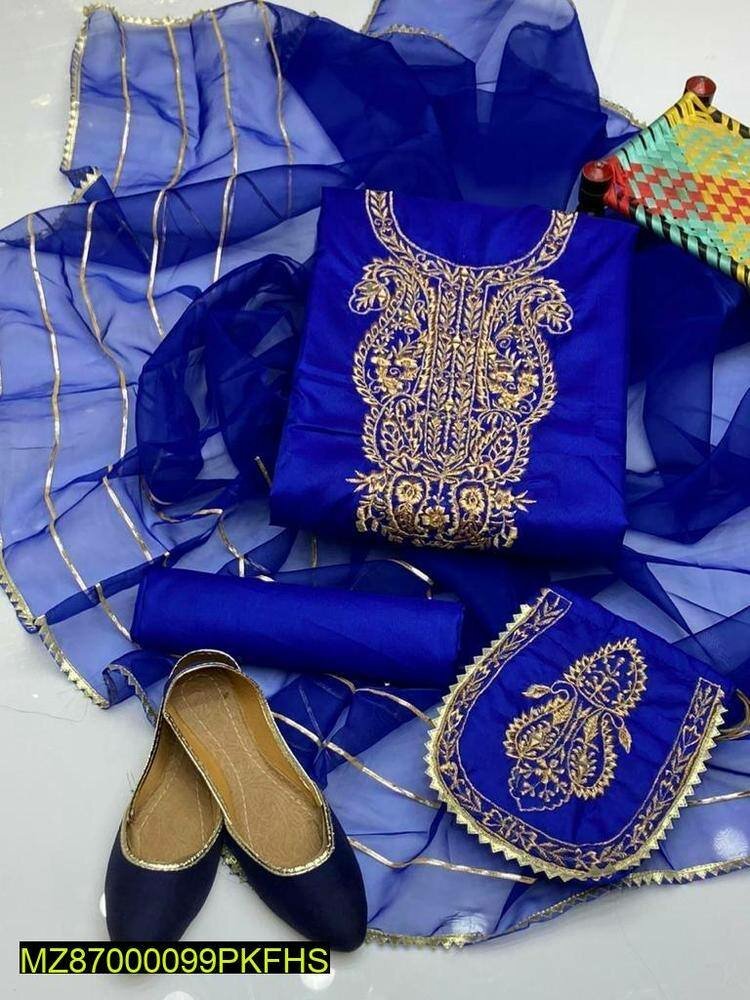 5 Pcs women's unstitched katan silk Embroidered mirror suit