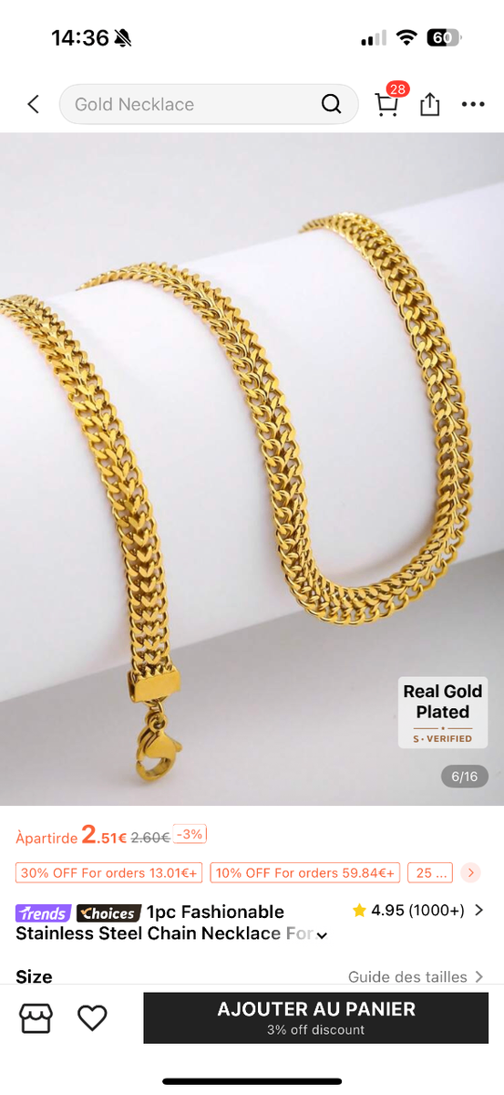 Collier Chaîne Acier Doré