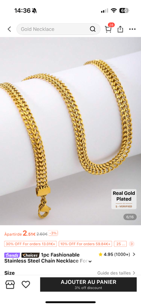 Collier Chaîne Acier Doré